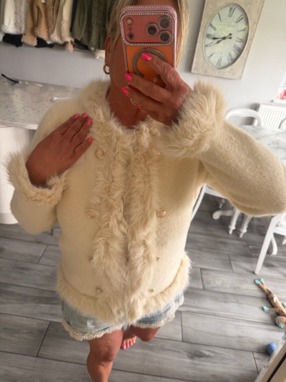 Giselle faux fur trim gold buttons cardi/jacket hook & eye closure