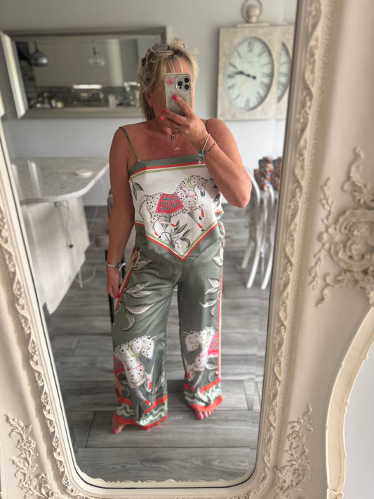Marni satin horse print wide leg trouser with scarf top 2 piece set