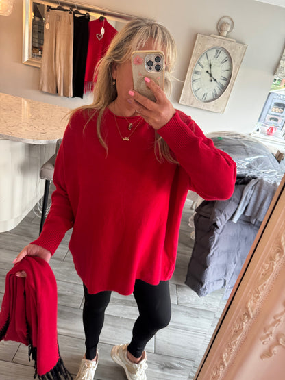 Josie red loose jumper with matching scarf with black detail on scarf