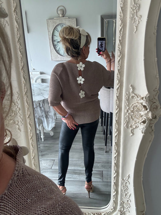 Arabella lightweight batwing jumper with silver fleck and daisies on the back