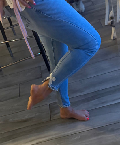Karen stretch pearl bow detail jeans