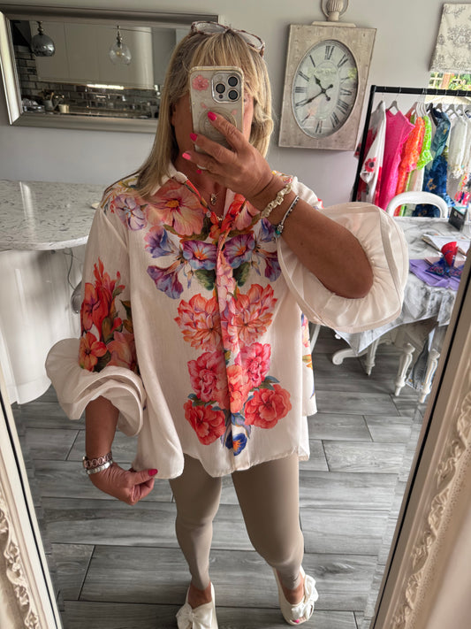 Flirtina multi floral print shirt with frill sleeves