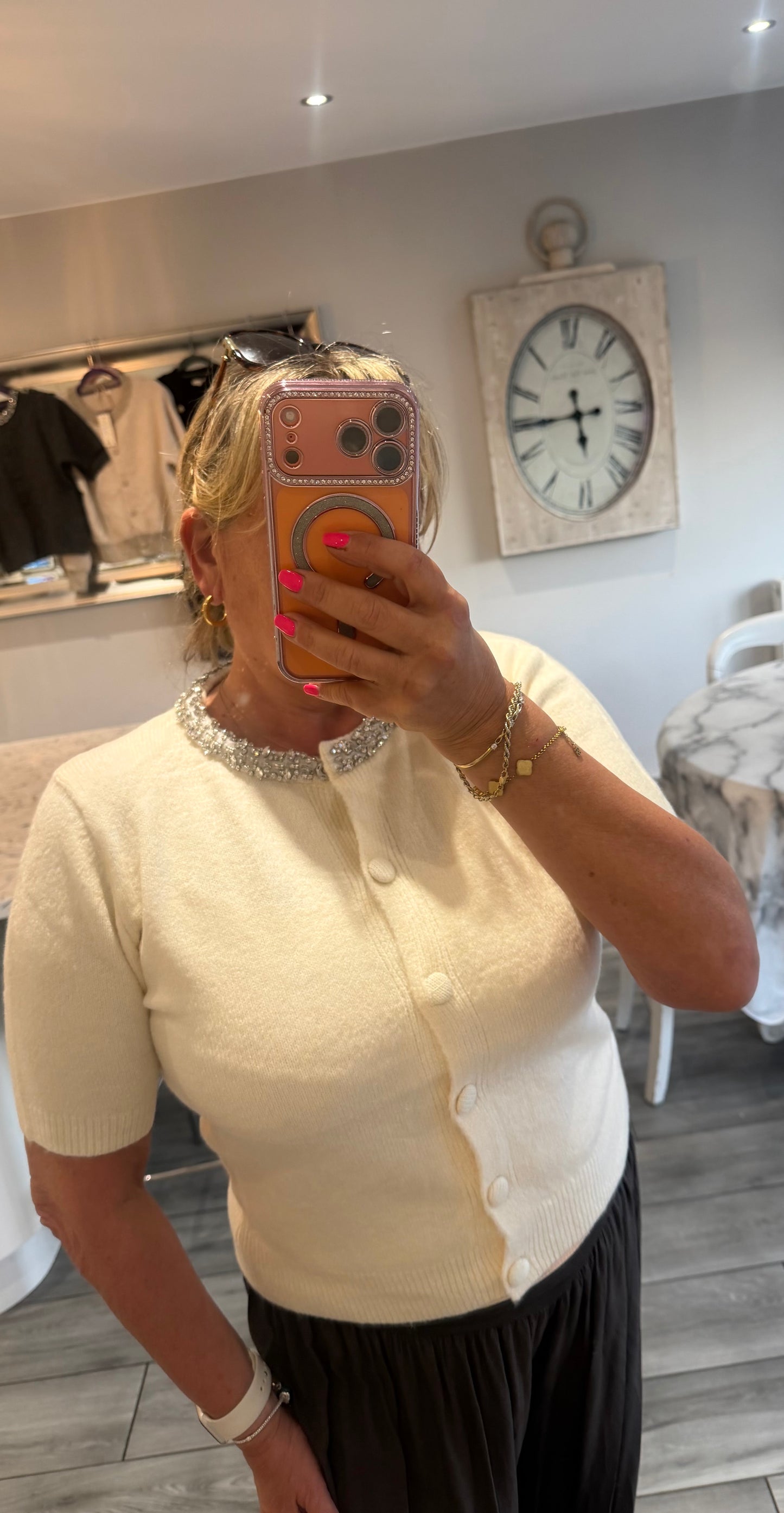 Monica crystal neck encrusted detail short sleeve cardigan/jumper