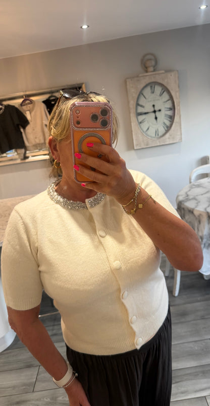 Monica crystal neck encrusted detail short sleeve cardigan/jumper