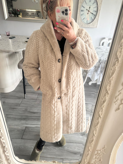 Paula Cable Knit short fur hooded coat mid length