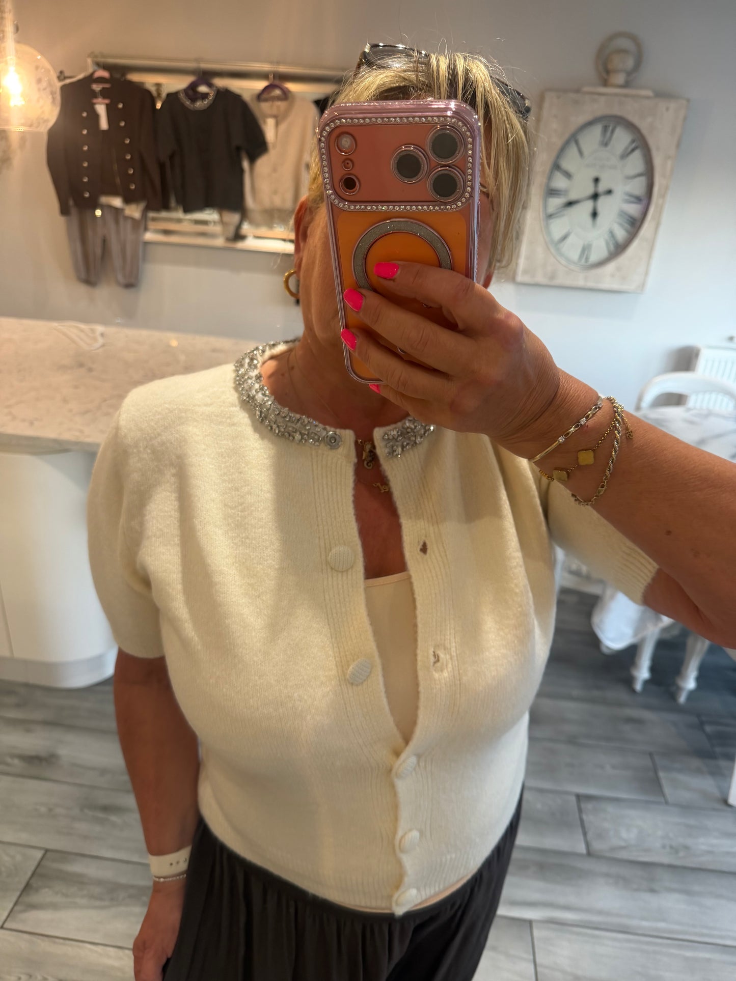 Monica crystal neck encrusted detail short sleeve cardigan/jumper