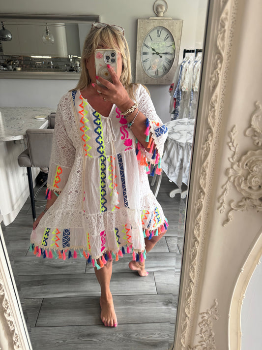 Bodhi neon lace tassel dress