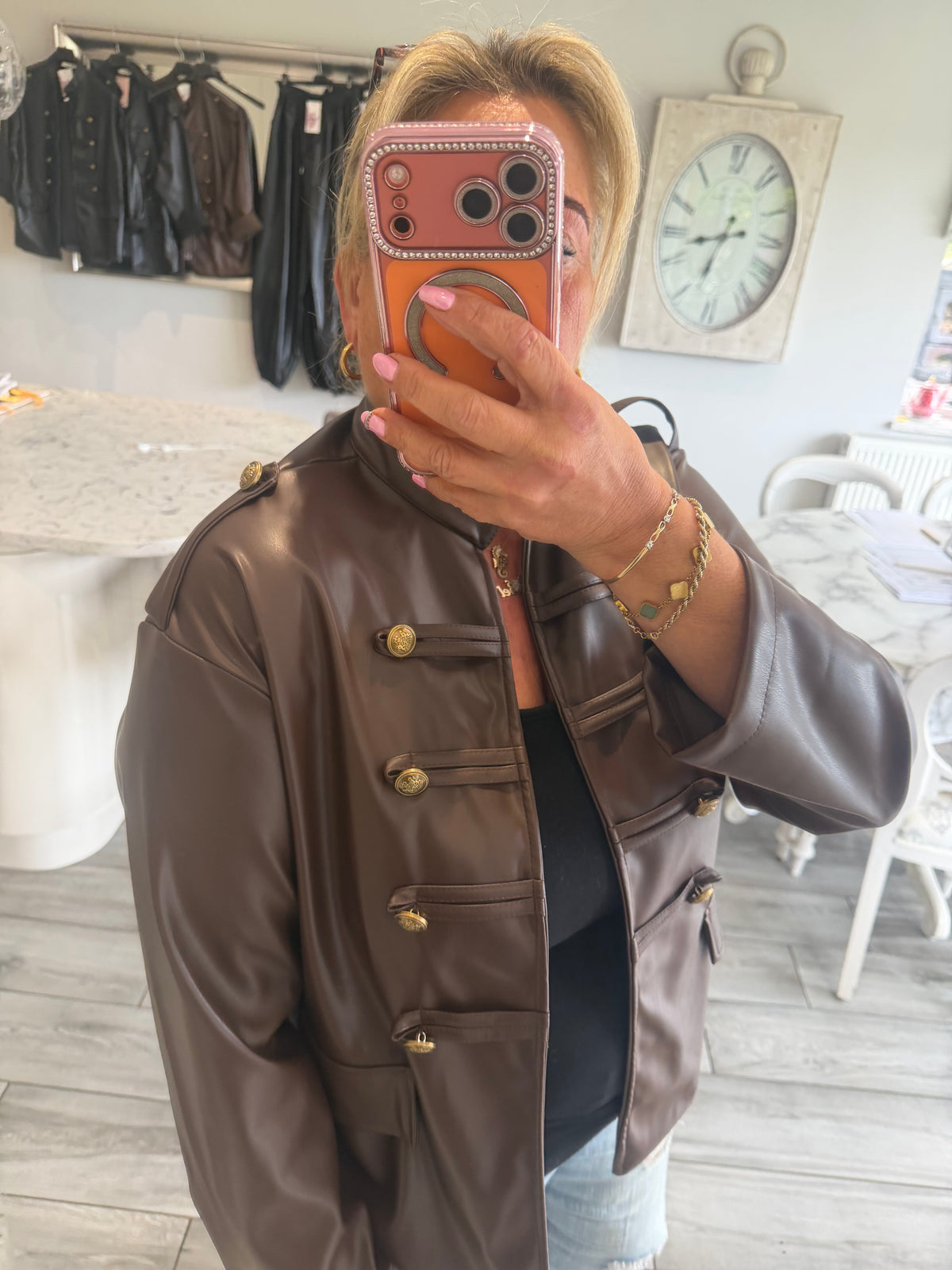 Suzie military style faux leather open jacket