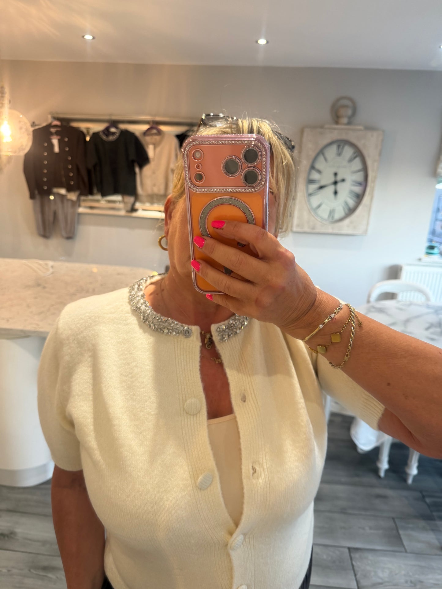 Monica crystal neck encrusted detail short sleeve cardigan/jumper