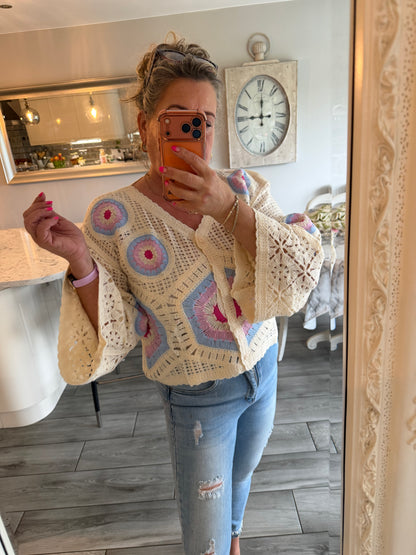 Carla wide sleeve crochet button through top/cardi 100% cotton
