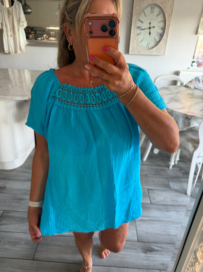 Monica cheesecloth lace detail top Bardot