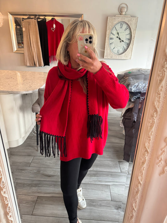 Josie red loose jumper with matching scarf with black detail on scarf