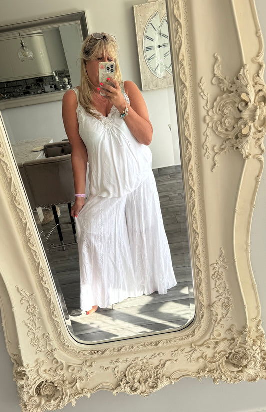 Sasha broderie anglaise wide leg Shirred waist trousers with built in shorts