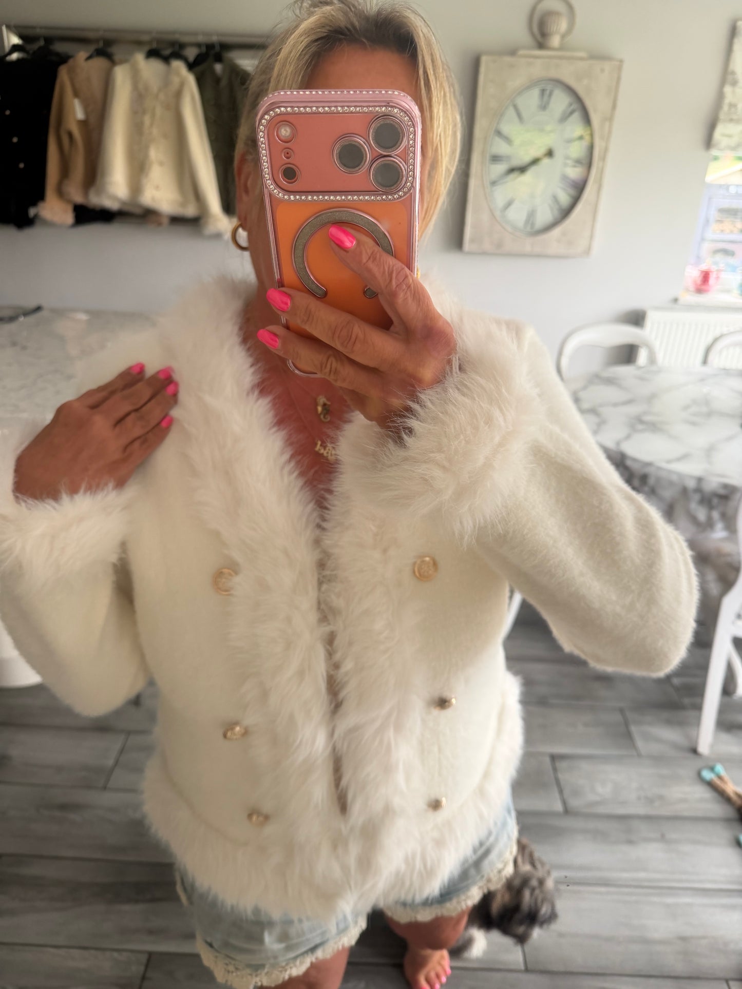 Lulu faux fur trim cardi/jacket with gold buttons and hook & eye clasp closure