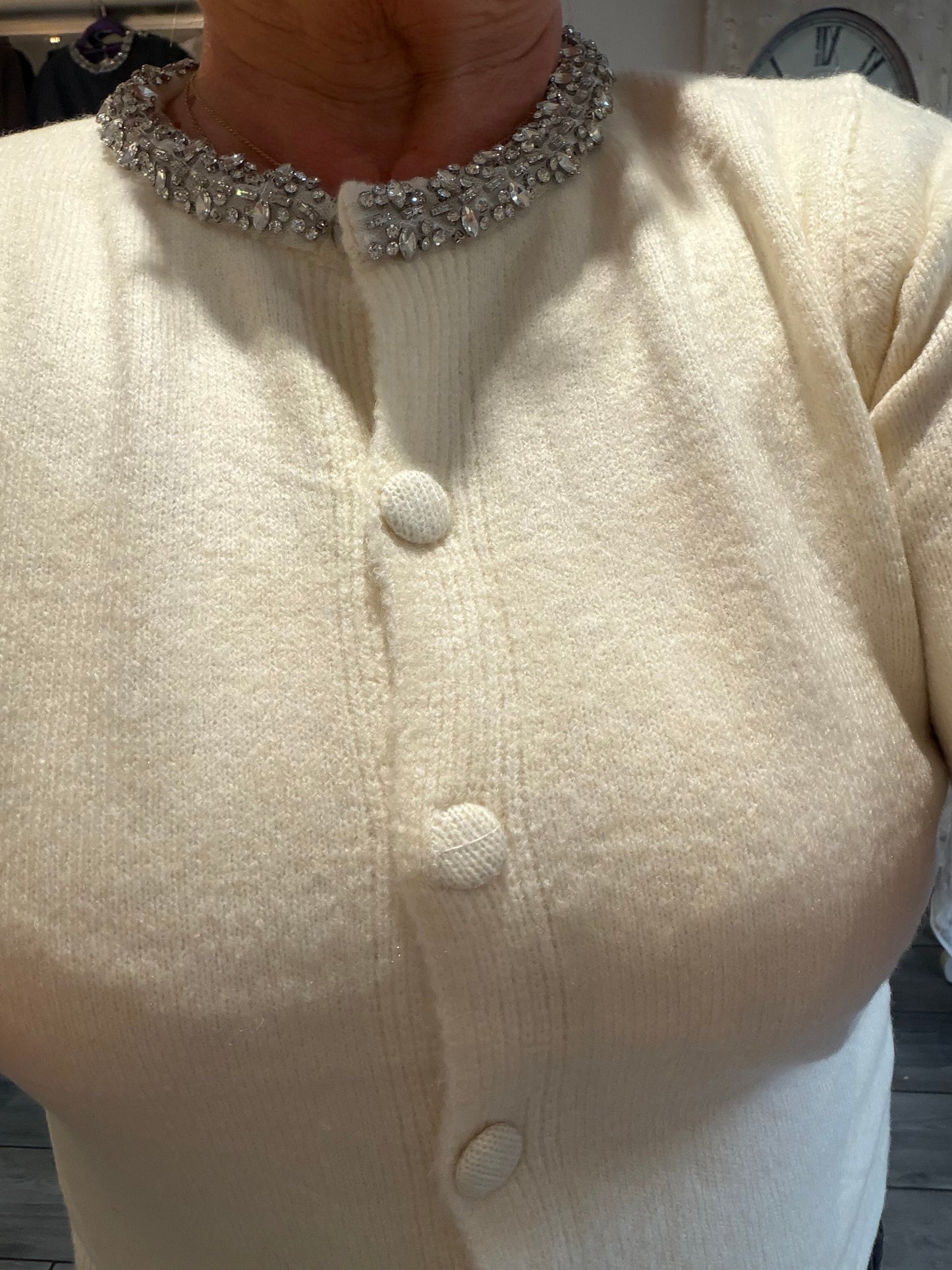 Monica crystal neck encrusted detail short sleeve cardigan/jumper