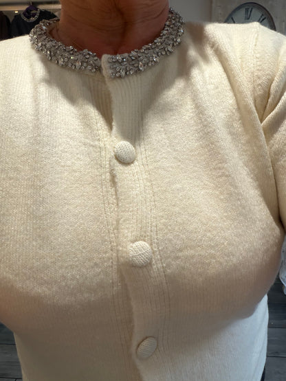 Monica crystal neck encrusted detail short sleeve cardigan/jumper