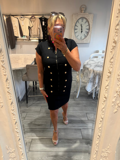 Cindy dress with full zip stretch military style gold button detail