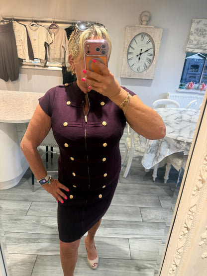 Cindy dress with full zip stretch military style gold button detail