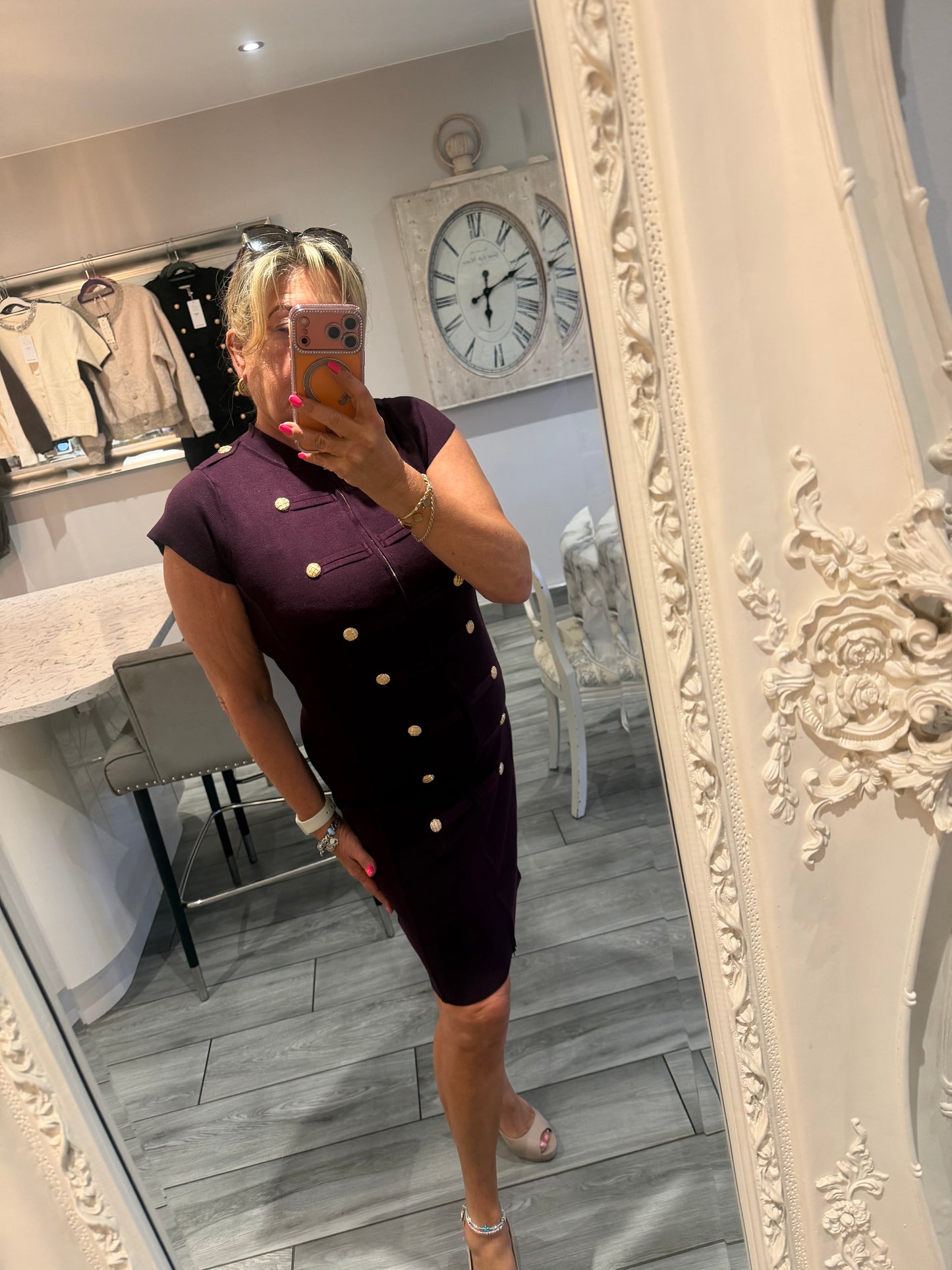 Cindy dress with full zip stretch military style gold button detail