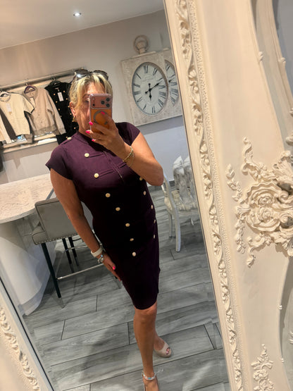 Cindy dress with full zip stretch military style gold button detail
