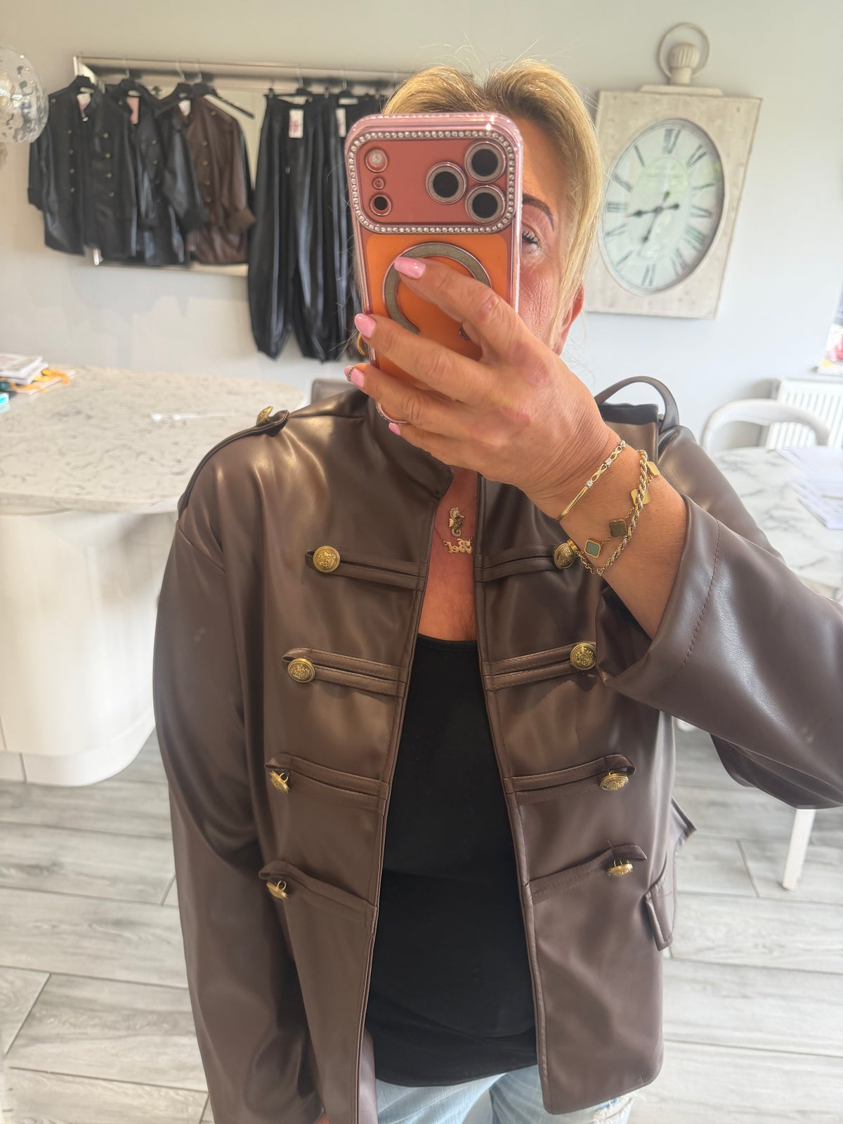Suzie military style faux leather open jacket