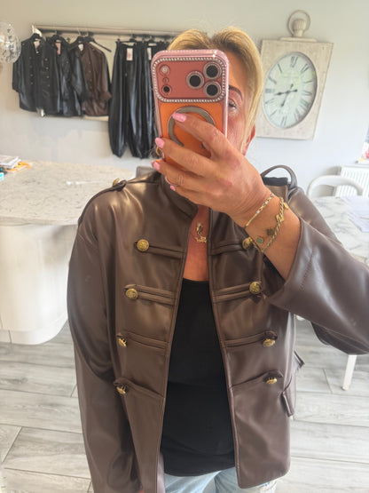 Suzie military style faux leather open jacket