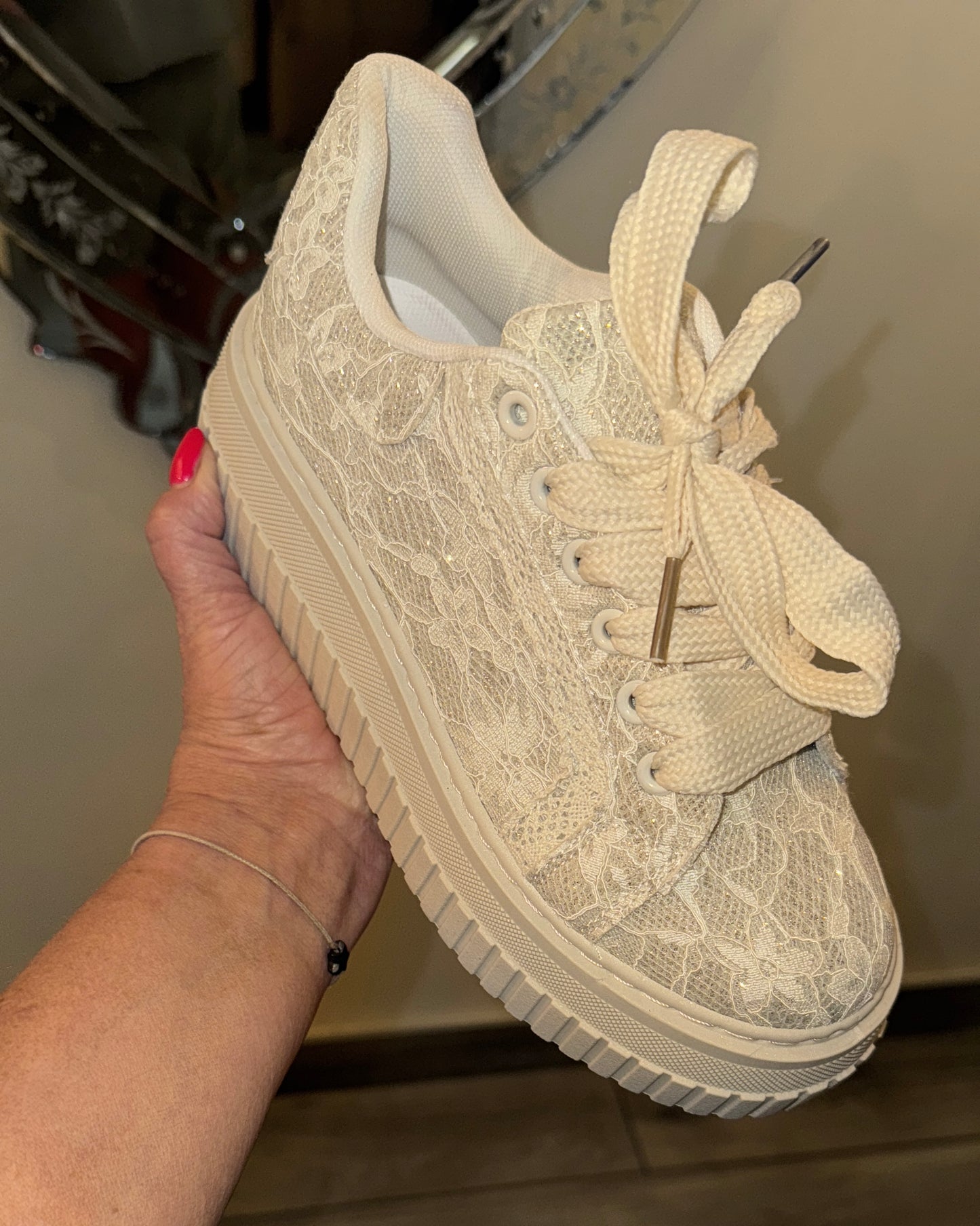 Lacy cream sparkly lace platform trainers