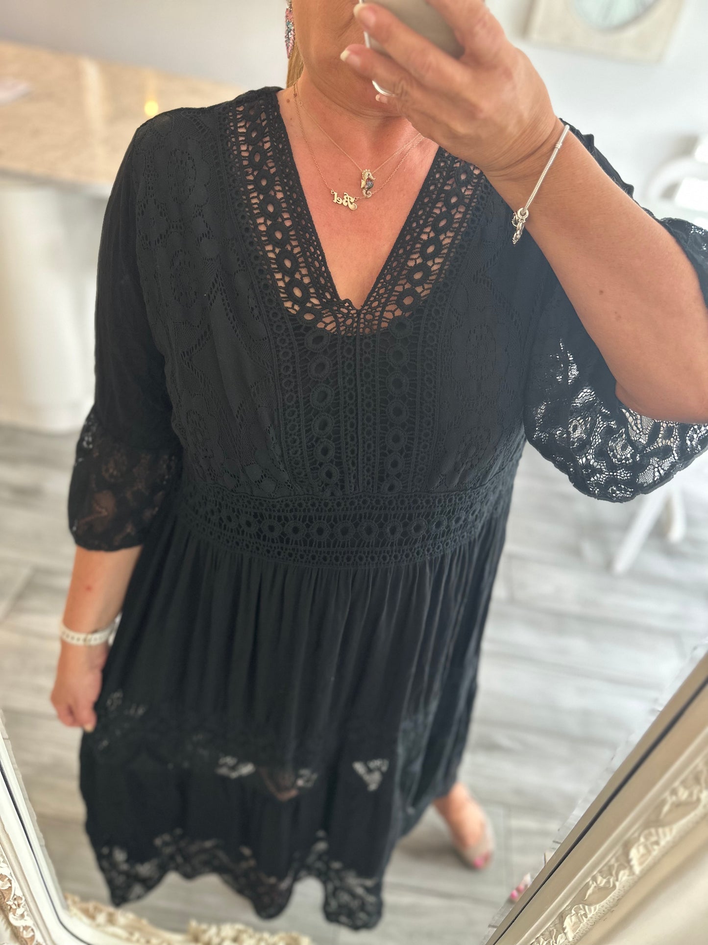 Phoebe Tiered Midi V Neck Lace Detail Dress