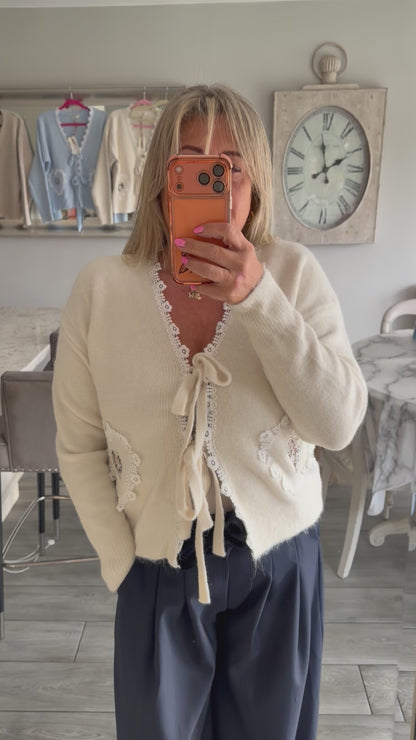 Tilly cardigan with ties and lace detail trim