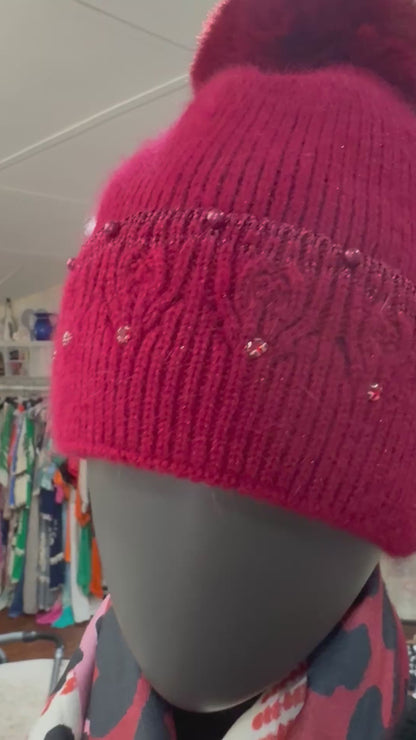 Rossi wine colour sparkly pompom fleece lined hat