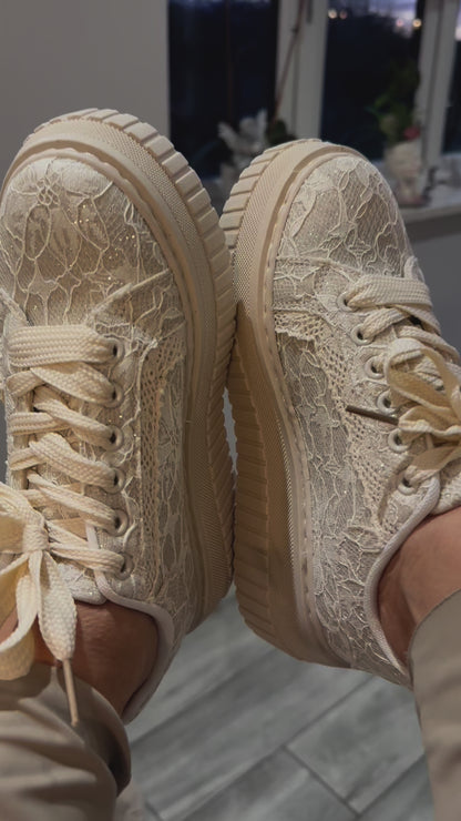 Lacy cream sparkly lace platform trainers