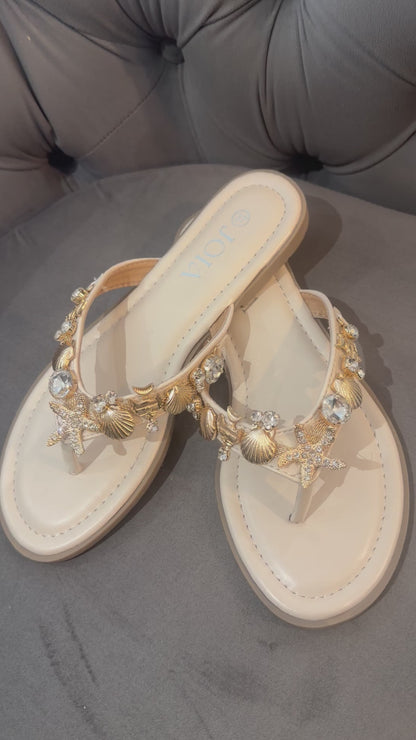 Madrid pretty flip flops gold embellish charms