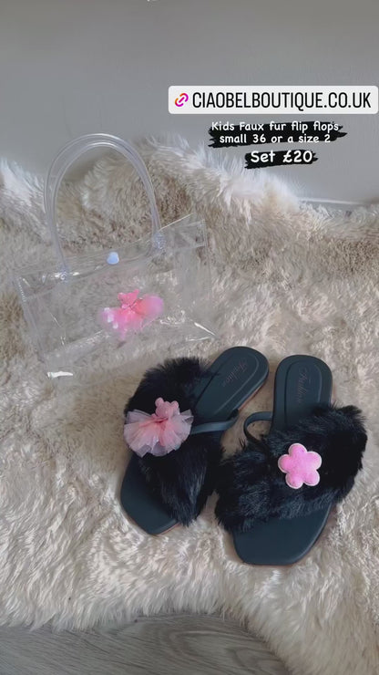 Kids Black Faux Fur Flip Flops Set