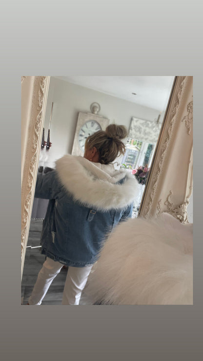 Denny Denim Hooded Jacket with Faux Fur Trim