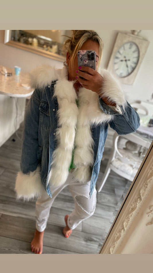 Denny Denim Hooded Jacket with Faux Fur Trim